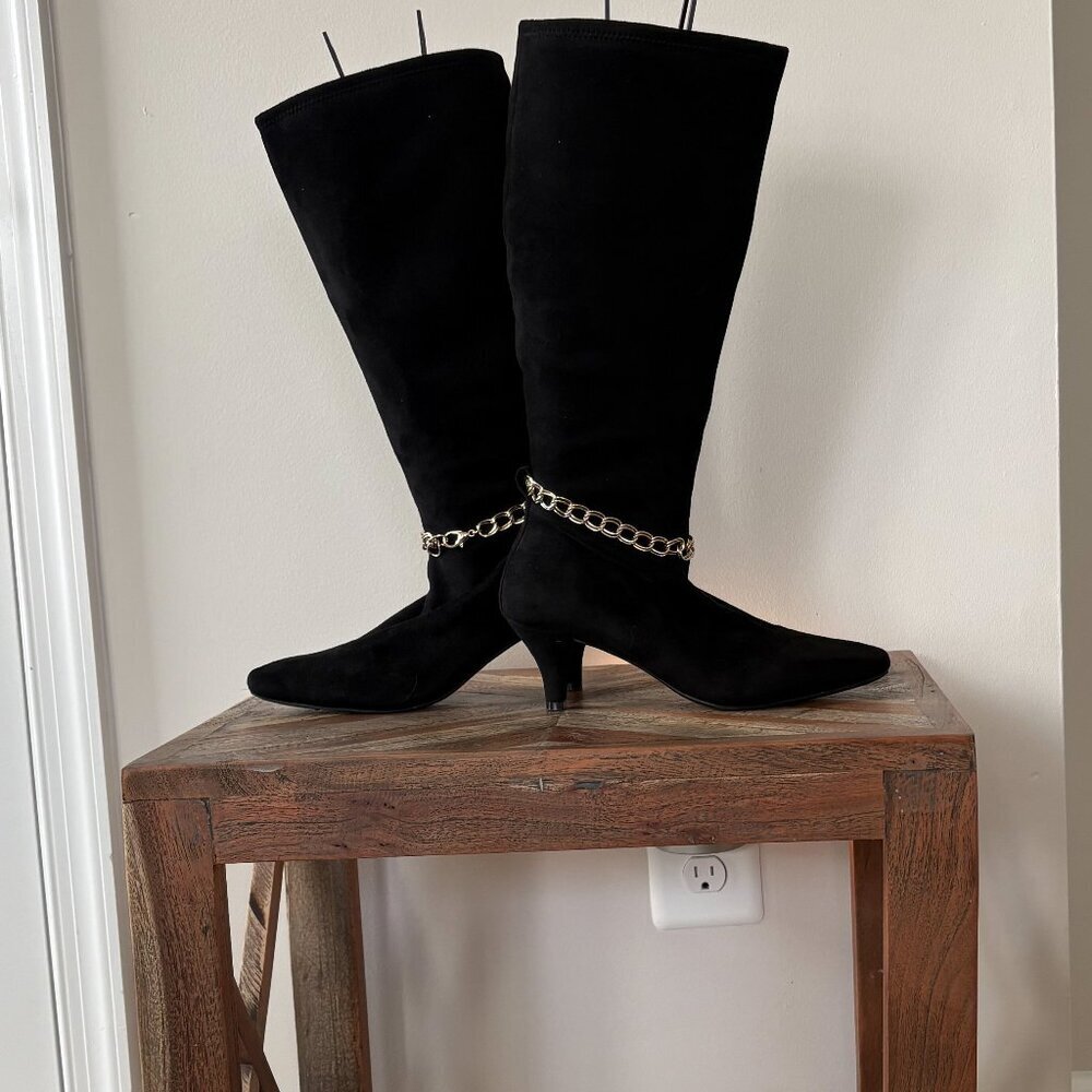 " I.M.P.O Stretch Nadie Gold Chain Black Knee-High Boots Size 6.5 "